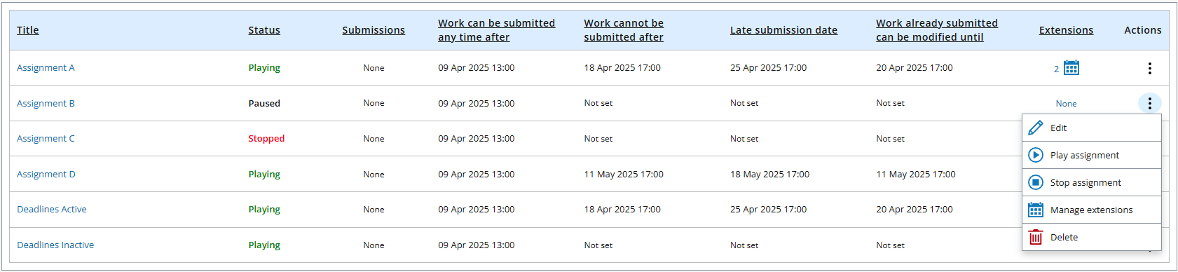 Manage Assignments Manage Assignments where you can see assignments for the workspace, play, pause, stop, manage extensions, edit settings or delete the assignment.